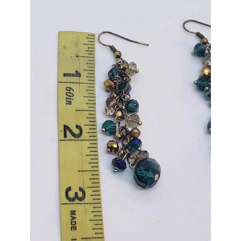 Vintage Dangle Drop Earrings Teal Green Glass Bead Dangle Chandelier Boho
